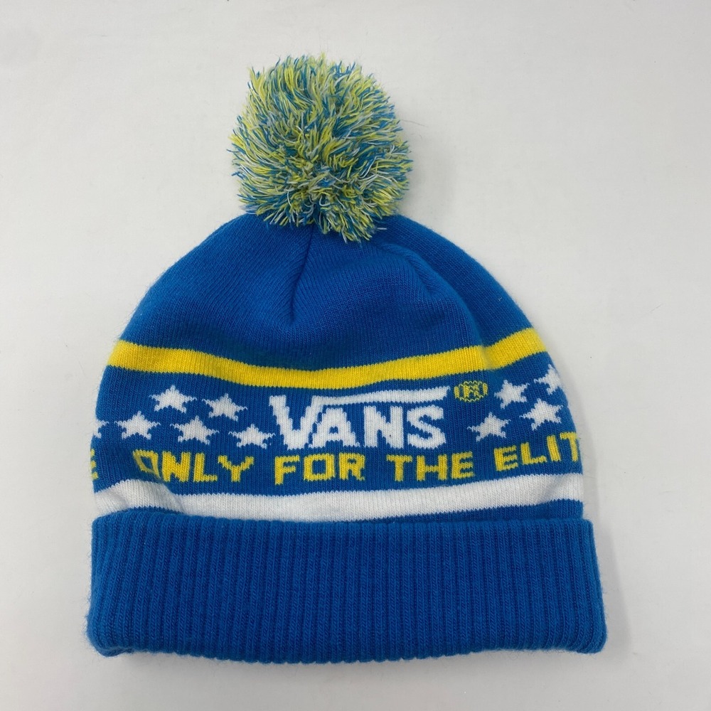 Vans Off The Wall Beanie Pom Cuff Design Hat Blue and Yellow Youth One Size‎
